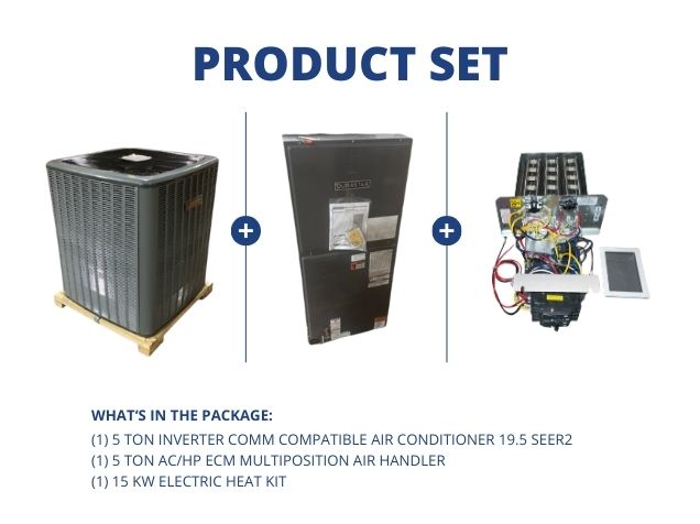 5 Ton Inverter Comm Comp AC 19.5 SEER2, 5 Ton AC/HP ECM Multiposition Air Handler and 15 kW Heat Kit