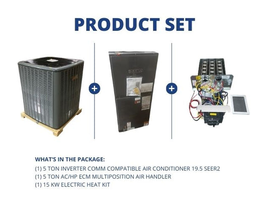 5 Ton Inverter Comm Comp AC 19.5 SEER2, 5 Ton AC/HP ECM Multiposition Air Handler and 15 kW Heat Kit