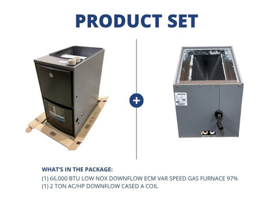 66,000 BTU Low NOx Downflow ECM Variable Speed Gas Furnace 97% and 2 Ton AC/HP Downflow Cased A Coil