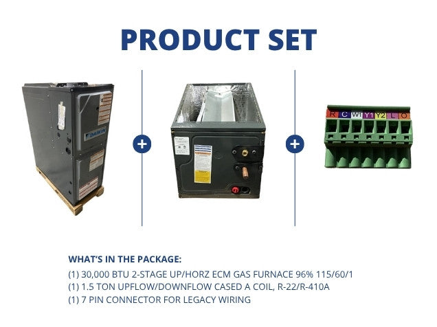 30,000 BTU Up/Horz Gas Furnace 96% and 1.5 Ton Up/Down Cased A Coil, R-22/R-410A and 7 Pin Connector