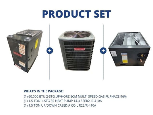 60,000 BTU 2-Stg Up/Horz Gas Furnace 96%, 1.5 Ton SS HP 14.3 SEER2 with 1.5 Ton Up/Down Cased A Coil