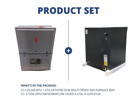 125,000 BTU 1-Stg Up/Horz ECM Multi Speed Gas Furnace 80% and 3 Ton Up/Down Cased A Coil R-22/R-410A