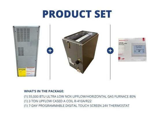 55,000 BTU Ultra Low NOx Up/Horz Gas Furnace 80%, 3 Ton AC/HP Upflow A Coil R410A/R22 and Thermostat