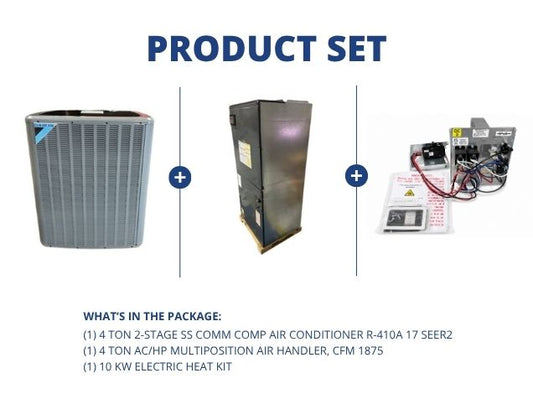 4 Ton 2-Stg Comm Comp AC R410A 17 SEER2, 4 Ton ECM Multiposition Air Handler CFM 1875 and 10 kW Heat