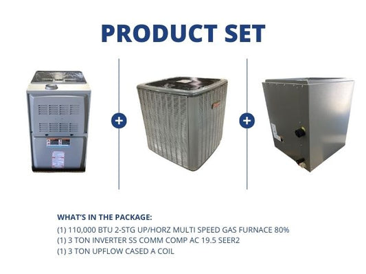 110,000 BTU Up/Horz Gas Furnace 80%, 3 Ton Inverter Comm Comp AC 19.5 SEER2 with 3 Ton Up Cased Coil