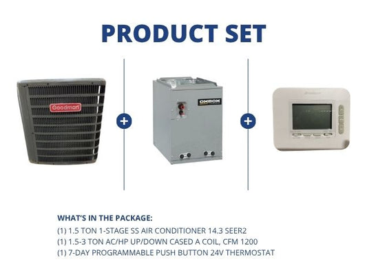 1.5 Ton 1-Stg SS Air Conditioner 14.3 SEER2, 1.5-3 Ton AC/HP Up/Down Cased A Coil and 24V Thermostat