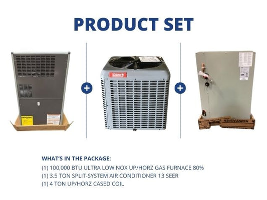 100,000 BTU Ultra Low NOx Up/Horz Gas Furnace 80%, 3.5 Ton SS AC 13 SEER, 4 Ton Up/Horz Cased Coil