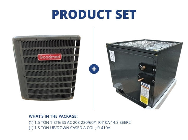 1.5 Ton 1-Stg SS AC 208-230/60/1 R410A 14.3 SEER2 with 1.5 Ton Up/Down Cased A Coil, R-410A