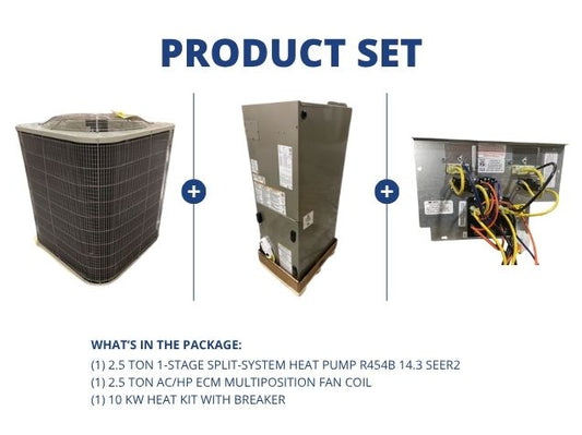 2.5 Ton 1-Stg SS HP R454B 14.3 SEER2, 2.5 Ton AC/HP ECM Multi Fan Coil and 10 KW Heat Kit w/ Breaker
