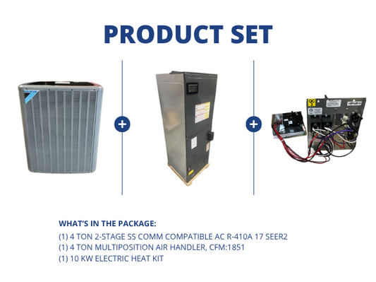 4 Ton 2-Stage SS Comm Compatible AC R-410A 17 SEER2, 4 Ton Multiposition Air Handler with 10 KW Heat