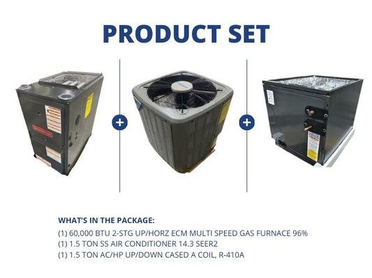 60,000 BTU 2-Stg Up/Horz Gas Furnace 96%, 1.5 Ton SS AC 14.3 SEER2 with 1.5 Ton Up/Down Cased A Coil