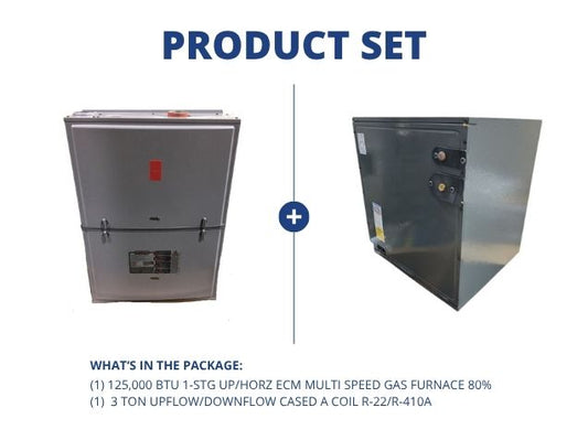 125,000 BTU 1-Stg Up/Horz ECM Multi Speed Gas Furnace 80% and 3 Ton Up/Down Cased A Coil R-22/R-410A