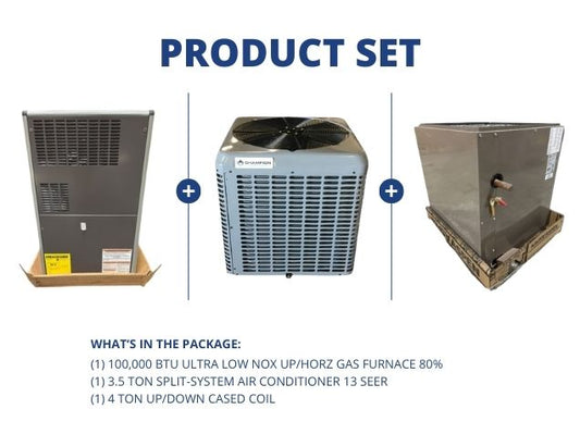 100,000 BTU Ultra Low NOx Up/Horz Gas Furnace 80%, 3.5 Ton SS AC 13 SEER, 4 Ton Up/Down Cased Coil
