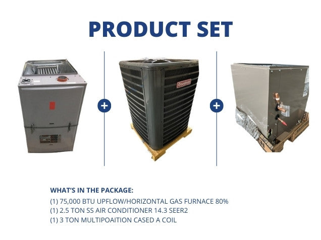 75,000 BTU Up/Horz ECM Gas Furnace 80% with 2.5 Ton SS AC 14.3 SEER2 with 3 Ton Multi Cased A Coil