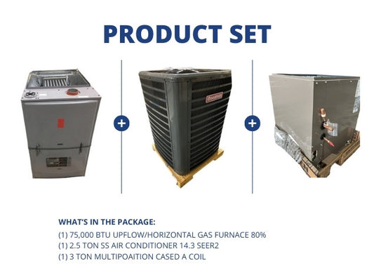 75,000 BTU Up/Horz ECM Gas Furnace 80% with 2.5 Ton SS AC 14.3 SEER2 with 3 Ton Multi Cased A Coil
