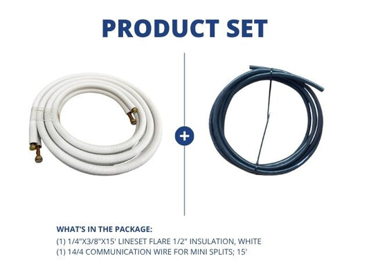 1/4"x3/8"x15' Lineset Flare 1/2" Insulation, White with 14/4 Communication Wire for Mini Splits; 15'