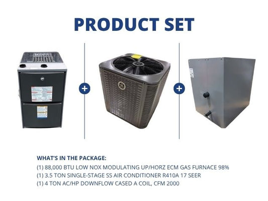 88,000 BTU Low NOx Mod Up/Horz Gas Furnace 98%, 3.5 Ton AC R410A 17 SEER and 4 Ton Down Cased A Coil