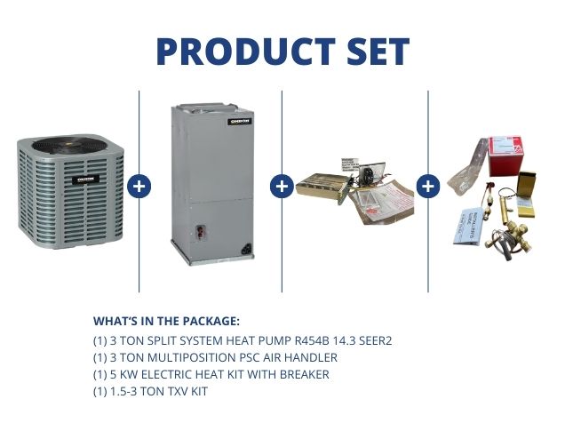 3 Ton SS HP R454B 14.3 SEER2, 3 Ton Multi Air Handler, 5KW Heat Kit with Breaker, 1.5-3 Ton TXV Kit
