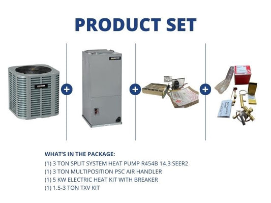 3 Ton SS HP R454B 14.3 SEER2, 3 Ton Multi Air Handler, 5KW Heat Kit with Breaker, 1.5-3 Ton TXV Kit