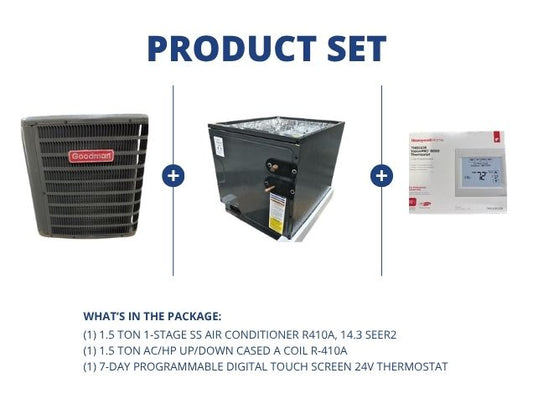 1.5 Ton SS Air Conditioner R410A, 14.3 SEER2, 1.5 Ton AC/HP Up/Down Cased A Coil R-410A, Thermostat