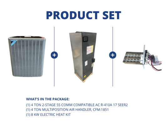 4 Ton 2-Stage SS Comm Compatible AC R-410A 17 SEER2, 4 Ton Multiposition Air Handler with 8 KW Heat