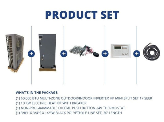 60,000 BTU Outdoor/Indoor Inverter HP Mini Split Set 17 SEER 10KW Heat, 24V Thermostat, 30' Line Set