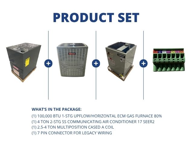 100,000 BTU ECM Gas Furnace 80%, 4 Ton SS Comm AC 17 SEER2, 2.5-4 Ton Multi Coil and 7 Pin Connector