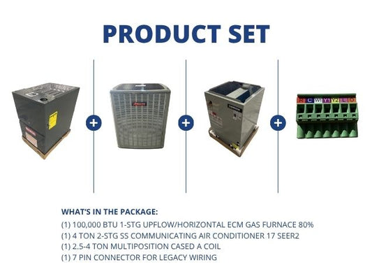 100,000 BTU ECM Gas Furnace 80%, 4 Ton SS Comm AC 17 SEER2, 2.5-4 Ton Multi Coil and 7 Pin Connector
