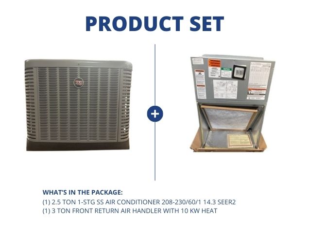 2.5 Ton 1-Stg SS Air Conditioner R410A 14.3 SEER2 and 3 Ton Front Return Air Handler With 10 KW Heat