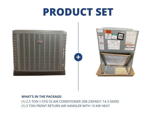 2.5 Ton 1-Stg SS Air Conditioner R410A 14.3 SEER2 and 3 Ton Front Return Air Handler With 10 KW Heat