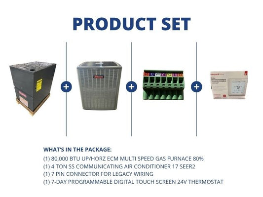80,000 BTU Up/Horz ECM Gas Furnace 80%, 4 Ton Comm AC 17 SEER2, 7 Pin Connector with 24V Thermostat