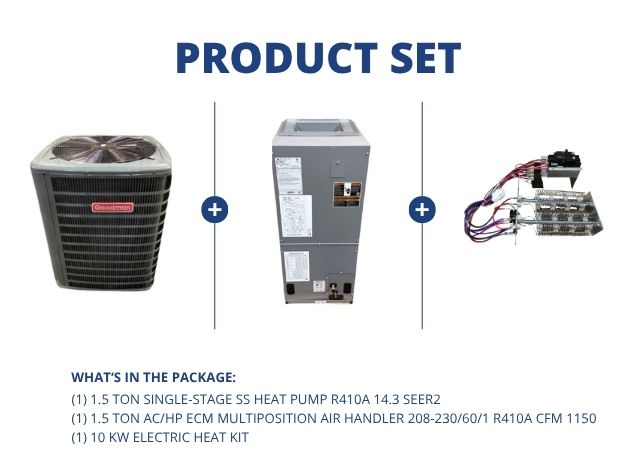 1.5 Ton Single-Stage Heat Pump R410A 14.3 SEER2, 1.5 Ton AC/HP ECM Multi Air Handler with 10 Kw Heat