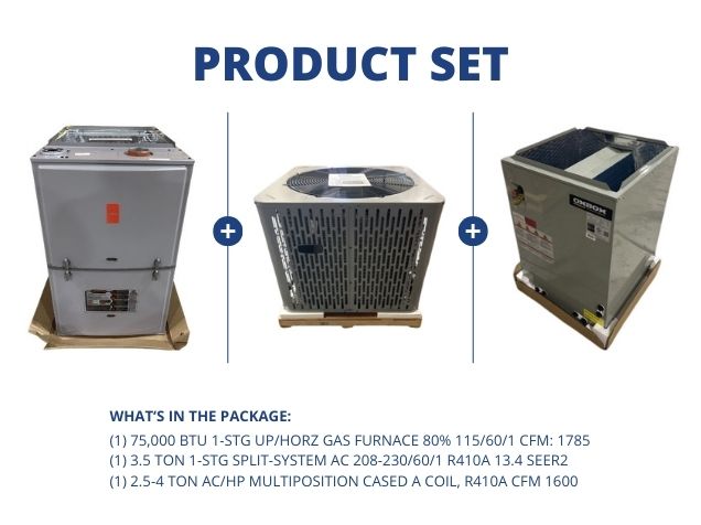 75,000 BTU Up/Horz Gas Furnace 80% with 3.5 Ton SS AC 13.4 SEER2 with 2.5-4 Ton Multi Cased A Coil