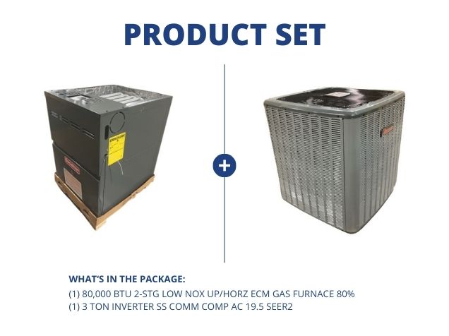 80,000 BTU 2-Stg Low Nox Up/Horz ECM Gas Furnace 80% with 3 Ton Inverter SS Comm Comp AC 19.5 SEER2