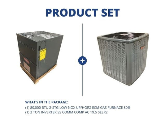 80,000 BTU 2-Stg Low Nox Up/Horz ECM Gas Furnace 80% with 3 Ton Inverter SS Comm Comp AC 19.5 SEER2