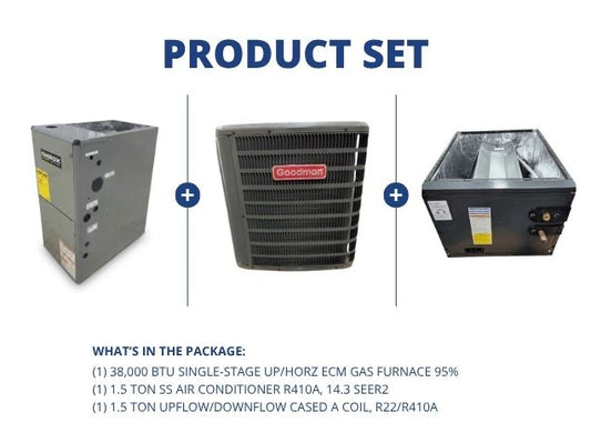 38,000 BTU Up/Horz Gas Furnace 95%, 1.5 Ton SS AC 14.3 SEER2, 1.5 Ton Up/Down Cased A Coil R22/R410A