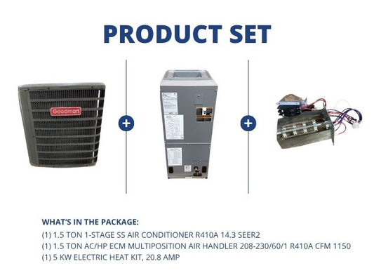 1.5 Ton 1-Stg SS Air Conditioner R410A 14.3 SEER2, 1.5 Ton AC/HP ECM Multi Air Handler with 5Kw Heat