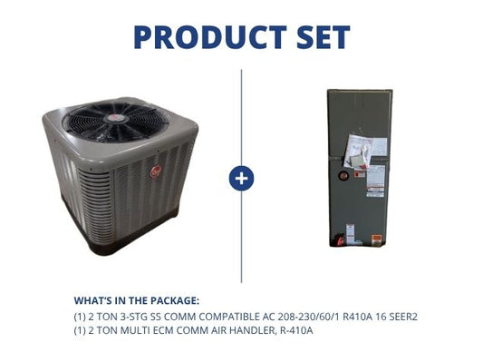 2 Ton 3-Stg SS Comm Compatible AC 208-230/60/1 16 SEER2 and 2 Ton Multi ECM Comm Air Handler, R-410A