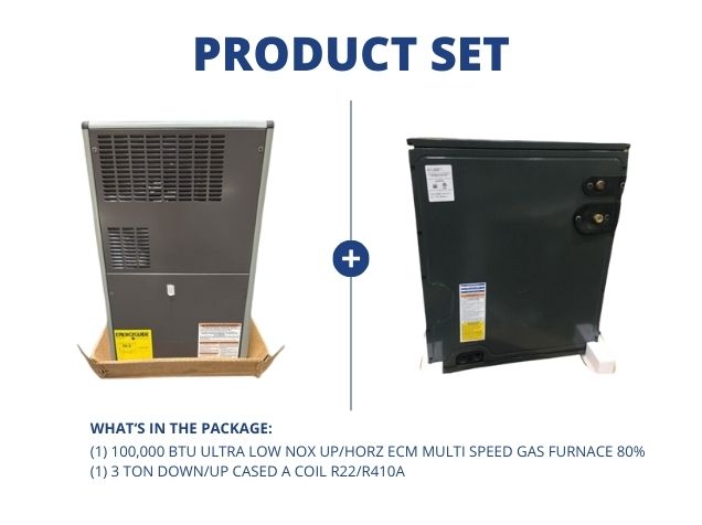 100,000 BTU Ultra Low NOx Up/Horz ECM Multi Gas Furnace 80% and 3 Ton Down/Up Cased A Coil R22/R410A
