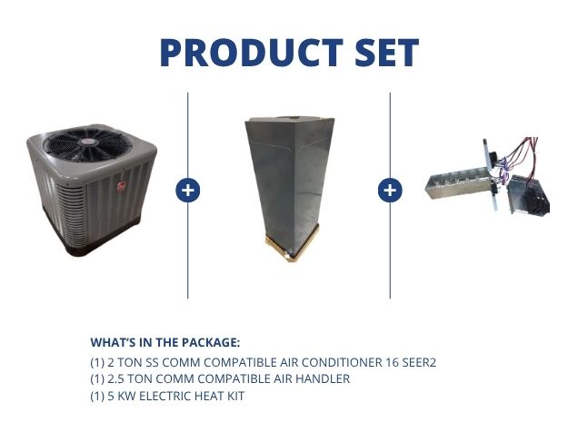 2 Ton SS Comm Compatible AC 16 SEER2, 2.5 Ton Comm Compatible Air Handler and 5 kW Electric Heat Kit
