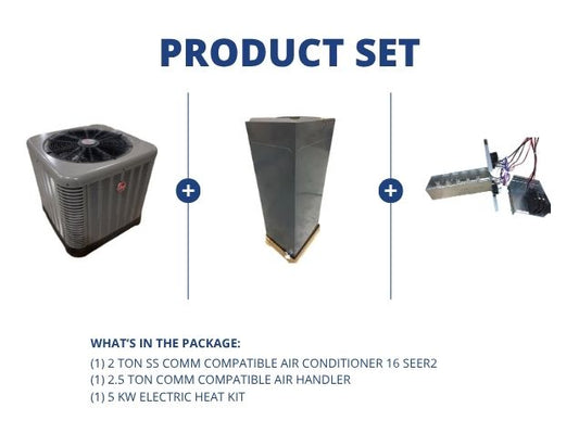 2 Ton SS Comm Compatible AC 16 SEER2, 2.5 Ton Comm Compatible Air Handler and 5 kW Electric Heat Kit