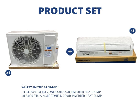 24,000 BTU Tri-Zone Inverter Heat Pump Mini Split Set, 17 SEER2 208-230/60/1 R-32