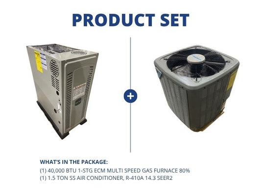 40,000 BTU 1-Stg ECM Multi Speed Gas Furnace 80% with 1.5 Ton SS Air Conditioner, R-410A 14.3 SEER2