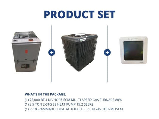 75,000 BTU Up/Horz Multi Speed Gas Furnace 80%, 3.5 Ton 2-Stg SS HP 15.2 SEER2 and 24V Thermostat