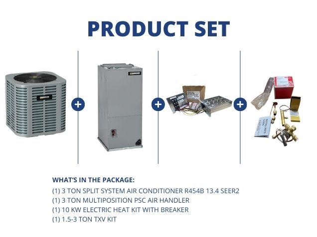 3 Ton SS AC R454B 13.4 SEER2, 3 Ton Multi Air Handler, 10KW Heat Kit with Breaker, 1.5-3 Ton TXV Kit