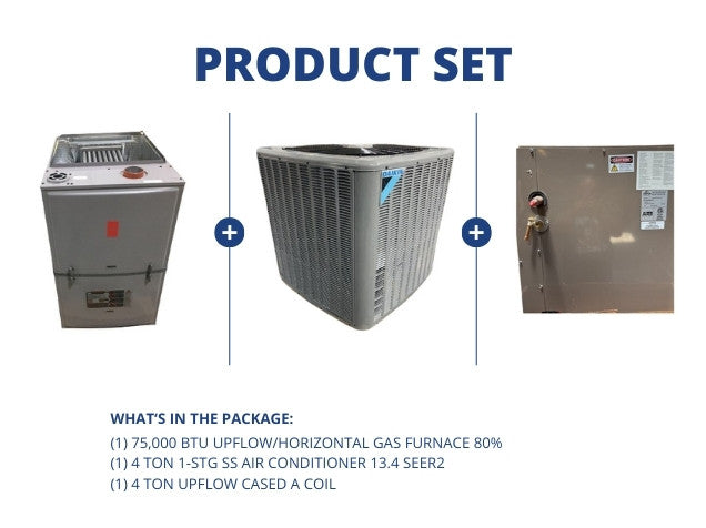 75,000 BTU Up/Horz Gas Furnace 80% with 4 Ton 1-Stg SS AC 13.4 SEER2 with 4 Ton Upflow Cased A Coil