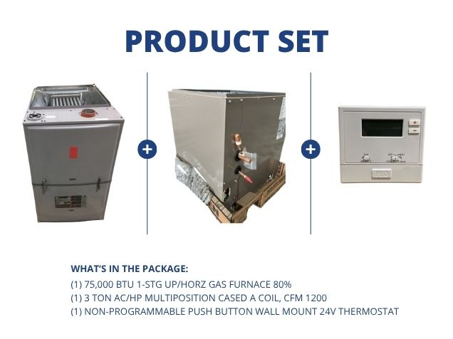 75,000 BTU 1-Stg Up/Horz Gas Furnace 80%, 3 Ton AC/HP Multiposition Cased A Coil with 24V Thermostat