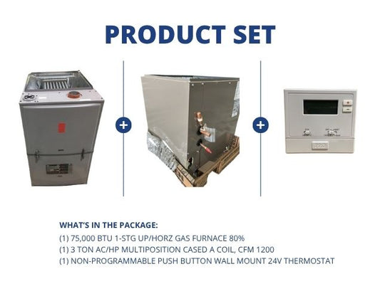 75,000 BTU 1-Stg Up/Horz Gas Furnace 80%, 3 Ton AC/HP Multiposition Cased A Coil with 24V Thermostat