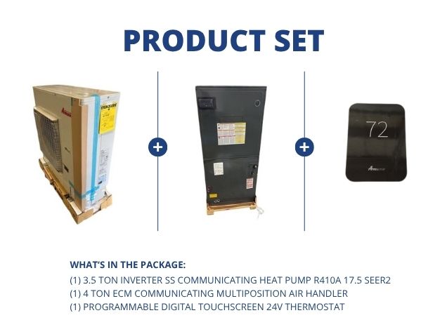 3.5 Ton Inverter Comm HP R410A 17.5 SEER2, 4 Ton ECM Comm Multiposition Air Handler, 24V Thermostat