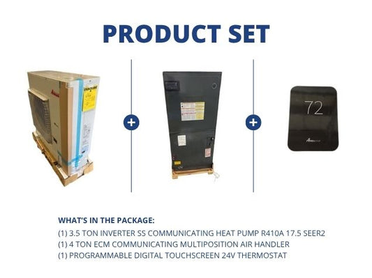 3.5 Ton Inverter Comm HP R410A 17.5 SEER2, 4 Ton ECM Comm Multiposition Air Handler, 24V Thermostat